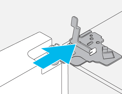 Diagram showing a metal lever in the upright position with a blue arrow indicating the direction to push the lever forward to secure a component