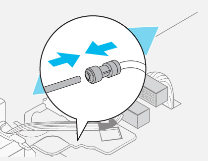 Diagram showing a close-up of a water tube connector being connected, with blue arrows indicating the directions to put together