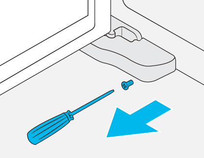 Diagram showing a screwdriver and a removed screw with a blue arrow indicating the outward direction