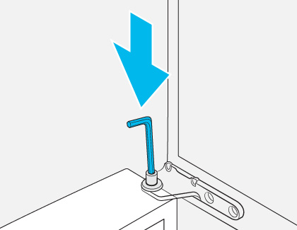 Diagram showing an Allen wrench inserted into a hinge with a blue arrow indicating the direction to press down