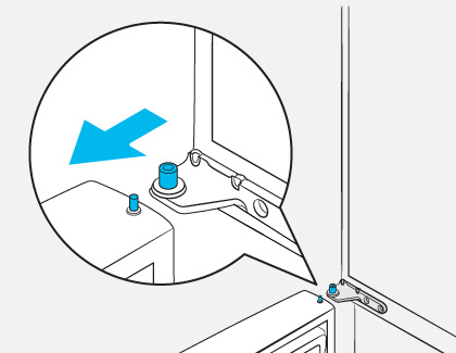 Diagram showing the corner of a freezer door with a close-up inset of a hinge pin being removed