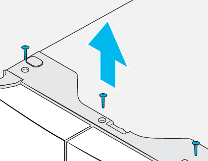 Diagram showing screws being removed with a blue arrow indicating the upward direction for lifting the top cover