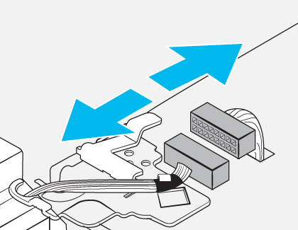 Diagram showing connectors and wires with blue arrows indicating the direction to disconnect the connectors