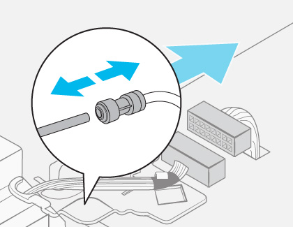 Close-up of a water tube connector being disconnected, with blue arrows indicating the directions to pull apart