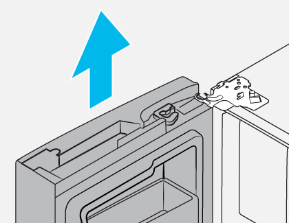 Diagram showing the top of a refrigerator door with a blue arrow indicating the direction to lift the door off its hinges