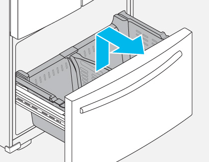 Diagram showing an open freezer drawer with a blue arrow indicating the direction to lift and pull out the drawer