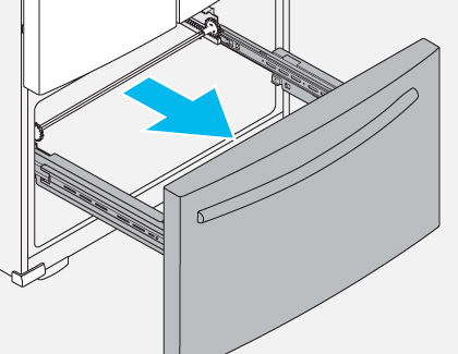 Diagram showing an open freezer with the drawer removed and a blue arrow indicating the direction to pull out the drawer rail mechanism