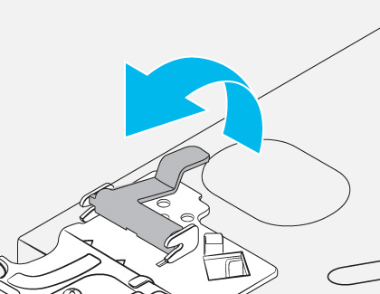 Diagram showing a metal lever being lifted with a blue arrow indicating the upward motion to release a component