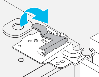 Diagram showing a metal lever being lifted with a blue arrow indicating the upward motion to release a component