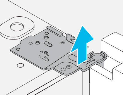 Diagram showing the corner of a fridge door with a hinge mechanism and a blue arrow indicating the upward direction to remove the hinge pin