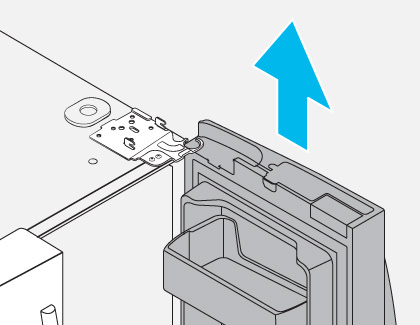 Diagram showing the top corner of a fridge door with a hinge mechanism and a blue arrow indicating the upward direction to lift the door off its hinge