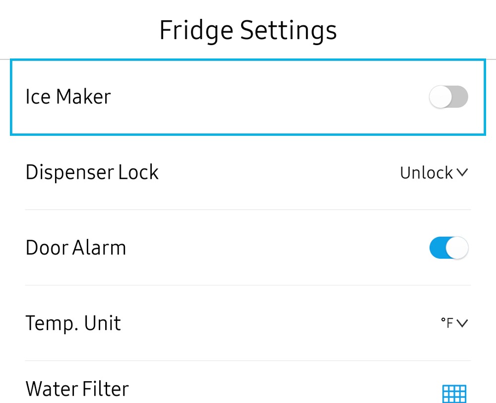 Ice Maker highlighted in the Fridge Manager app on a Galaxy phone