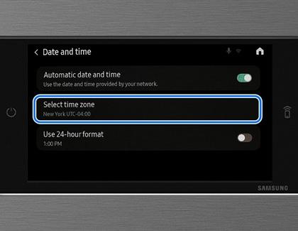 Select time zone highlighted in Date and time settings on a Samsung Bespoke Laundry Combo