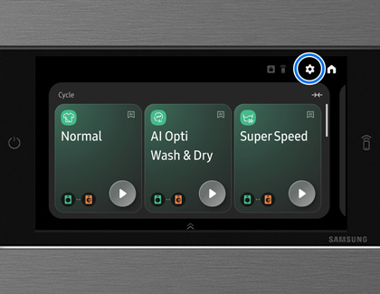 Settings icon highlighted in the home screen of a Samsung Laundry Combo Unit