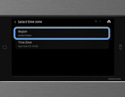 Region highlighted in Select time zone settings on a Samsung Bespoke Laundry Combo