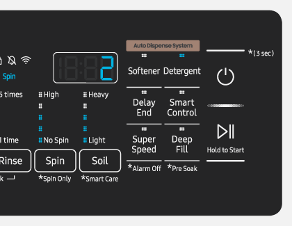 The control panel of a Samsung washing machine displaying the number 2.