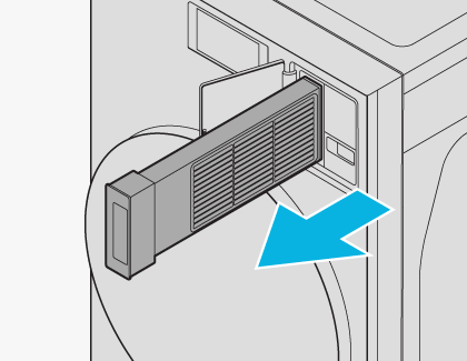 Illustration of a Lint filter being pulled out of a Samsung Laundry Combo with a blue arrow pointing outwardly