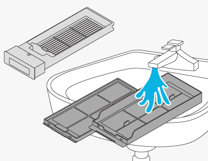 Illustration of the inner and outer filters being washed with water in a sink