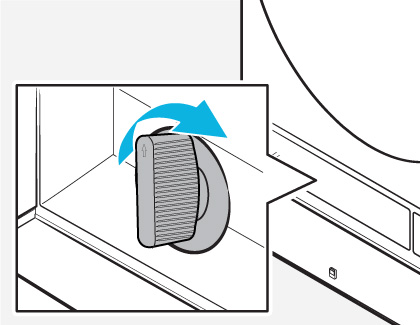 Illustration of the drain filter knob turning clockwise