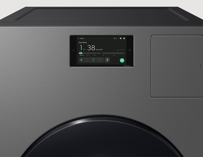 The top half of a Samsung Laundry Combo unit with the control panel displaying a cycle