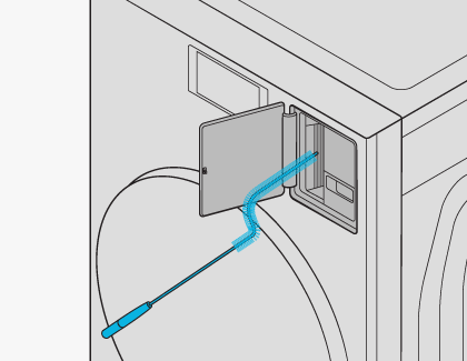 Illustration of a brush inserted inside the Lint filter compartment of a Samsung Laundry Combo