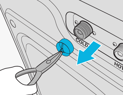 Illustration showing pliers being used to remove the mesh filter from the cold water inlet on the back of a Samsung washing machine