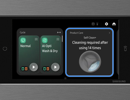 Product Care card highlighted on the home screen of a Samsung Laundry Combo unit