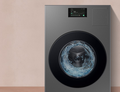 Samsung Laundry Combo unit running a cycle with water inside the drum