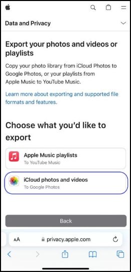 Screenshot showing the Apple Privacy page with the option to export to Google Photos
