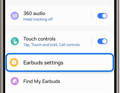 Earbuds settings option highlighted in the Galaxy Wearable app