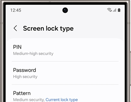Screen showing 'Screen lock type' options on a Galaxy phone. The options listed include 'PIN' with medium-high security, 'Password' with high security, and 'Pattern' which is the current lock type and offers medium security, highlighted for selection