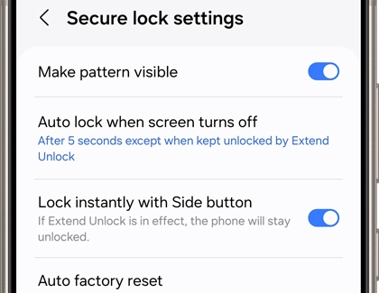 Secure lock settings screen on a Galaxy phone showing various options such as 'Make pattern visible', 'Auto lock when screen turns off', 'Lock instantly with Side button', and 'Auto factory reset'