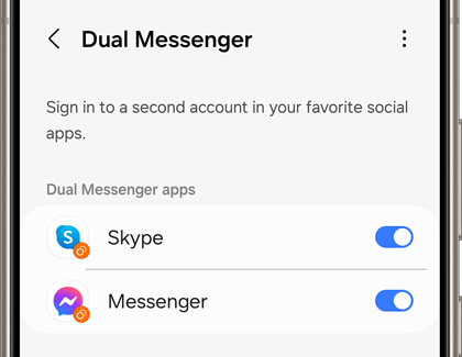 Screen of a Galaxy phone showing 'Dual Messenger' settings with toggles for enabling a second account on Skype and Messenger apps