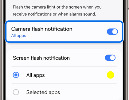 Galaxy phone screen showing settings for 'Camera flash notification' toggled on for all apps, with additional options for 'Screen flash notification'