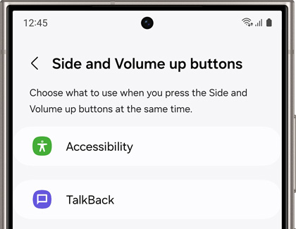 Galaxy phone screen showing 'Side and Volume up buttons' settings with options including 'Accessibility' and 'TalkBack' highlighted for selection