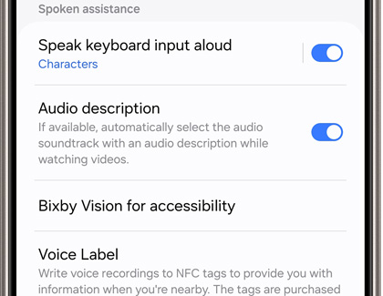 Galaxy phone screen displaying accessibility options, including 'Speak keyboard input aloud', 'Audio description', and 'Bixby Vision for accessibility'