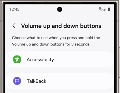 Galaxy phone screen displaying settings for 'Volume up and down buttons' with options for enabling 'Accessibility' and 'TalkBack' features