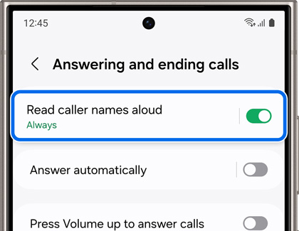 Galaxy phone screen displaying 'Answering and ending calls' settings with the 'Read caller names aloud' feature toggled on