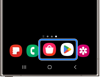 Galaxy phone screen showing a highlighted Play Store icon among other app icons on the dock