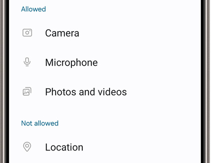 Galaxy phone screen displaying app permission settings with 'Camera', 'Microphone', and 'Photos and videos' allowed, and 'Location' not allowed