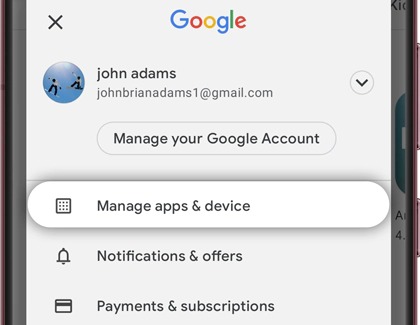 Manage apps and device highlighted