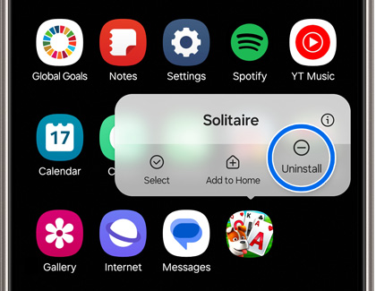 Galaxy phone screen displaying a popup menu for the Solitaire app with options to 'Select', 'Add to Home', or 'Uninstall'