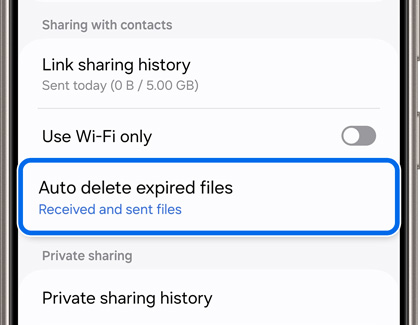 Galaxy phone screen showing file sharing settings with 'Auto delete expired files' option highlighted