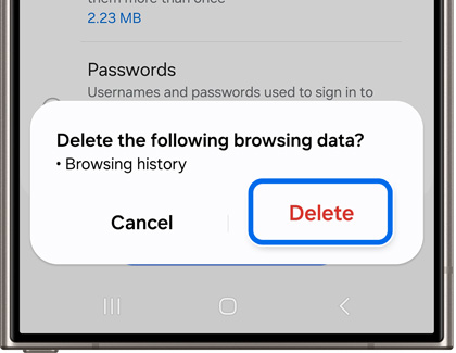 Galaxy phone screen displaying a pop-up to confirm deletion of browsing history with a 'Delete' button highlighted