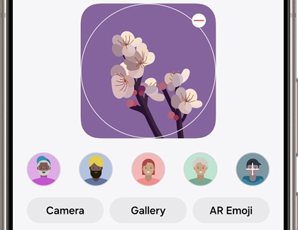 Galaxy phone screen displaying a user interface with options to select 'Camera,' 'Gallery,' or 'AR Emoji' for updating a profile picture of cherry blossoms