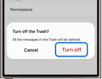 Galaxy phone screen showing a confirmation dialog to turn off the Trash feature, with options to cancel or 'Turn off'