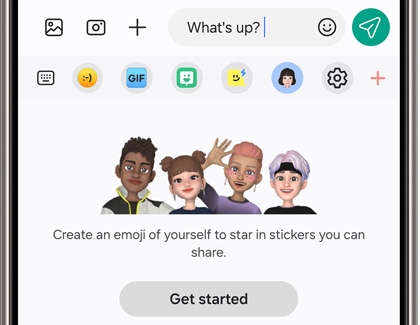 Galaxy phone screen showing a messaging app interface with an option to create and share personalized emoji stickers, featuring diverse cartoon avatars
