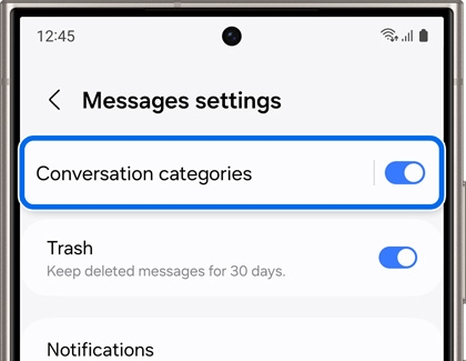 Galaxy phone screen showing 'Messages settings' with 'Conversation categories' toggled on