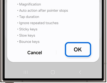 Galaxy phone screen displaying accessibility settings with an 'OK' button highlighted