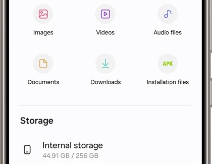 Galaxy phone screen displaying file categories such as Images, Videos, and Documents, with internal storage usage shown below